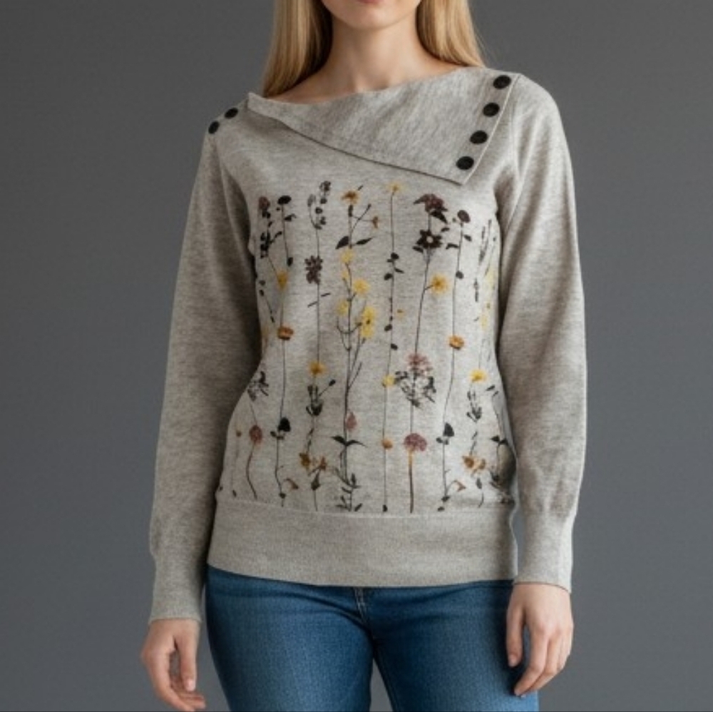 3/$30 Heather Gray Floral Garden Assymetric Fairycore Collar Sweater
